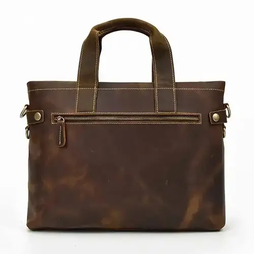 Vintage Leather Tote Bag with Zippered Pocket and Spacious Interior